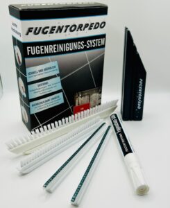 Fugentorpedo Plus-Set für größere Flächen mit Griff, zwei 3 mm Diamantschleifstegen, Bürsten und Fugenschutz