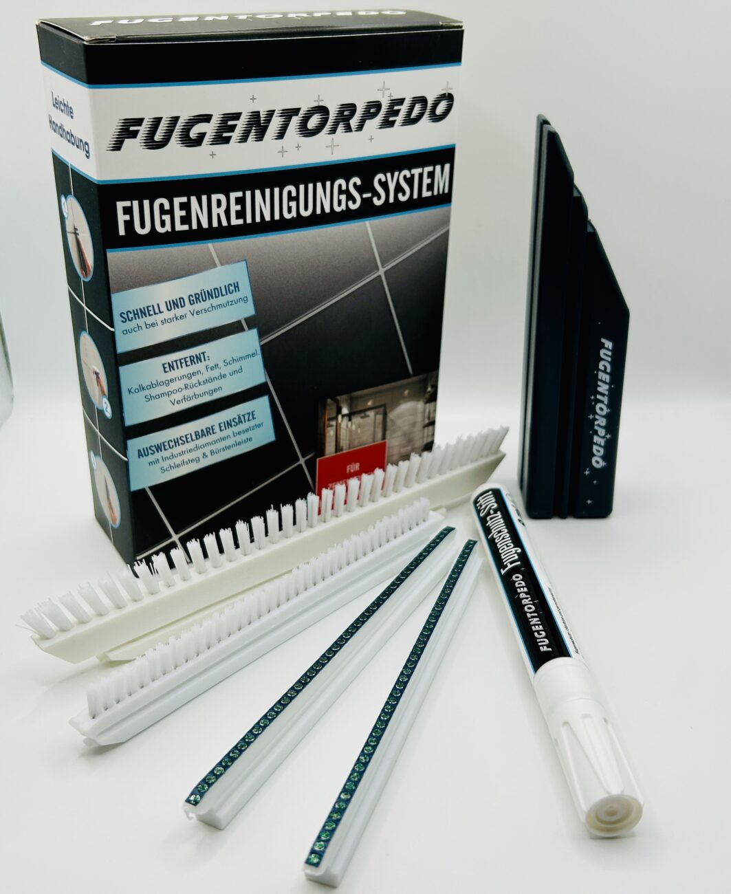 Fugentorpedo Plus-Set für größere Flächen mit Griff, zwei 3 mm Diamantschleifstegen, Bürsten und Fugenschutz