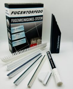 Fugentorpedo Komplett-Set mit Griff, 2 mm, 3 mm und 5,5 mm Diamantschleifstegen, Fugenbürste, Silikon- und Eckenbürste, Handschleifsteg und Fugenschutzstift