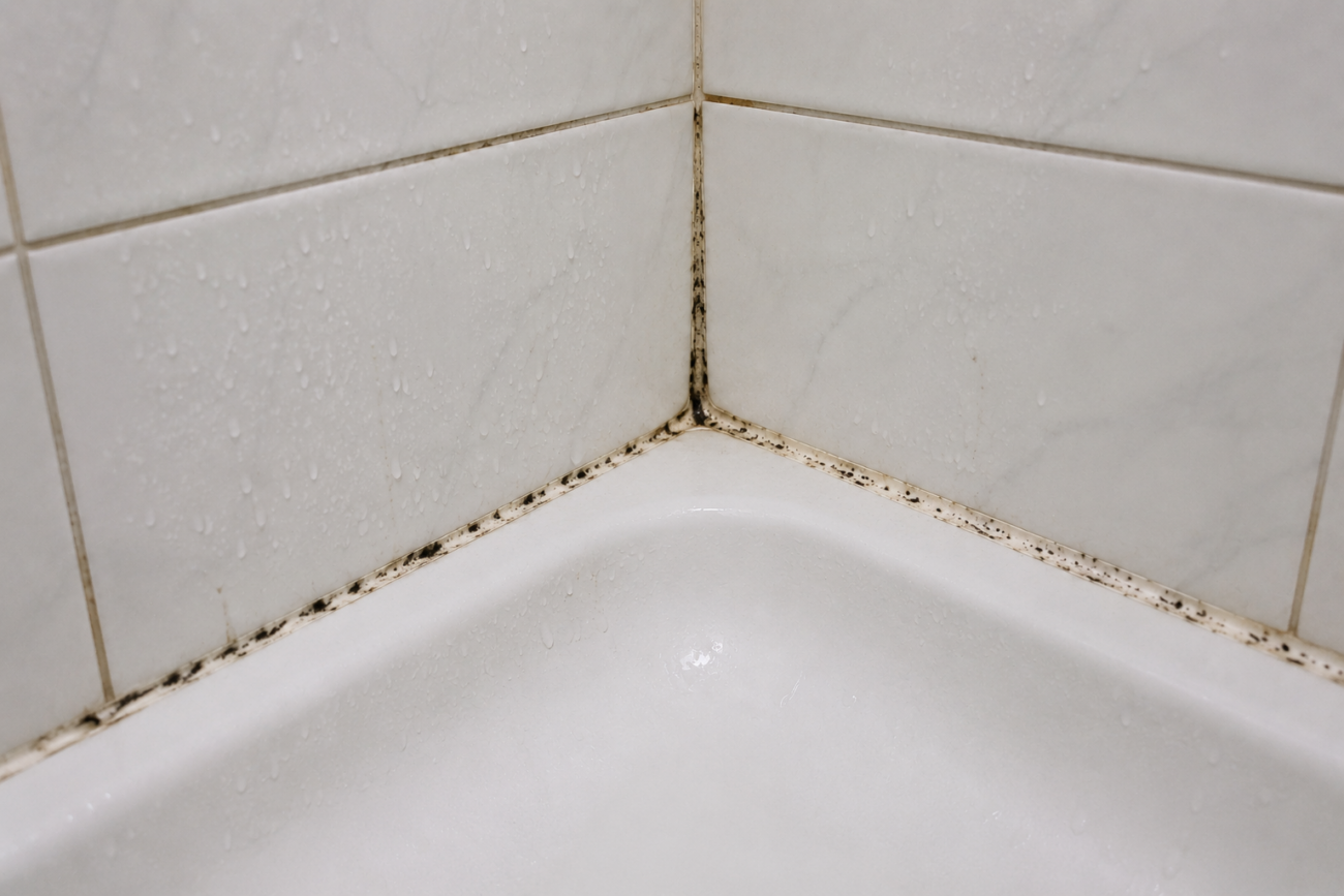 Schimmel auf Silikonfugen entfernen Schimmel auf Silikonfuge in der Dusche vor der Reinigung